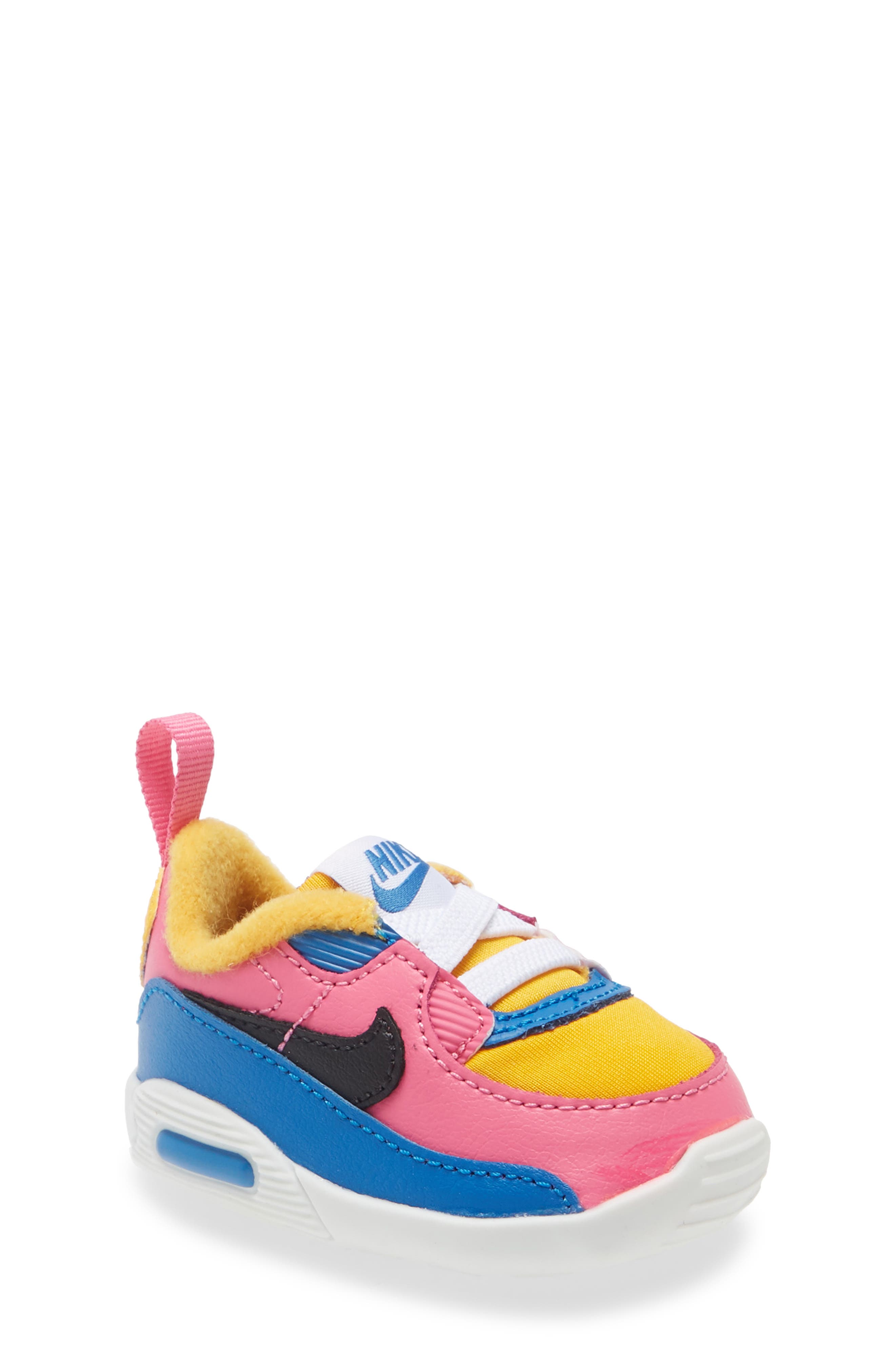 Air Max 90 Crib Sneaker, Main, color, YELLOW/ BLACK-BLUE-PINKSICLE