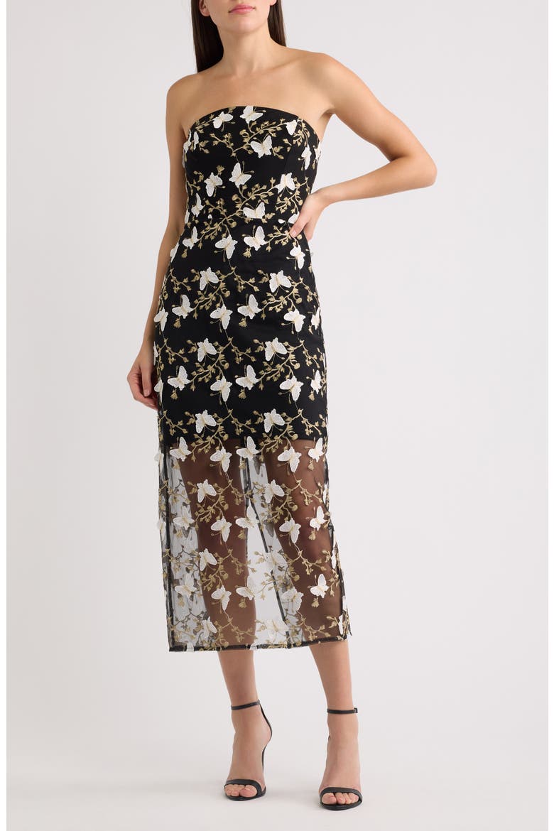 Metallic Embroidered Strapless Gown, Main, color, BLACK/ WHITE