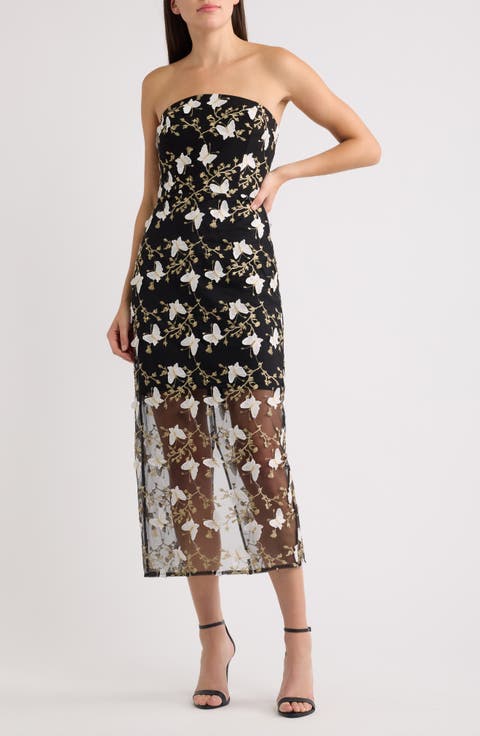 Metallic Embroidered Strapless Gown