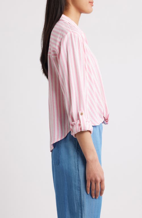 Beachlunchlounge Vivica Stripe Twist Hem Button-up Shirt In Gossamer Pink