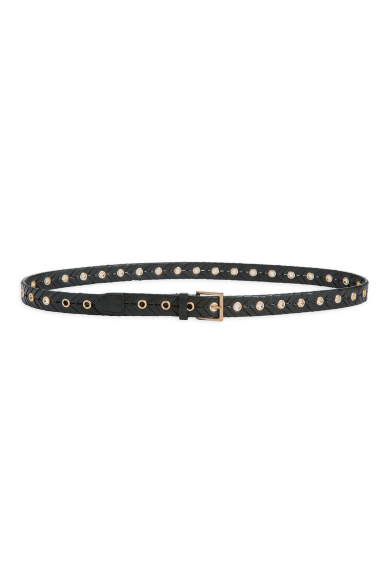 Woven Leather Eyelet Belt, Main, color, BLACK / WARM BRASS