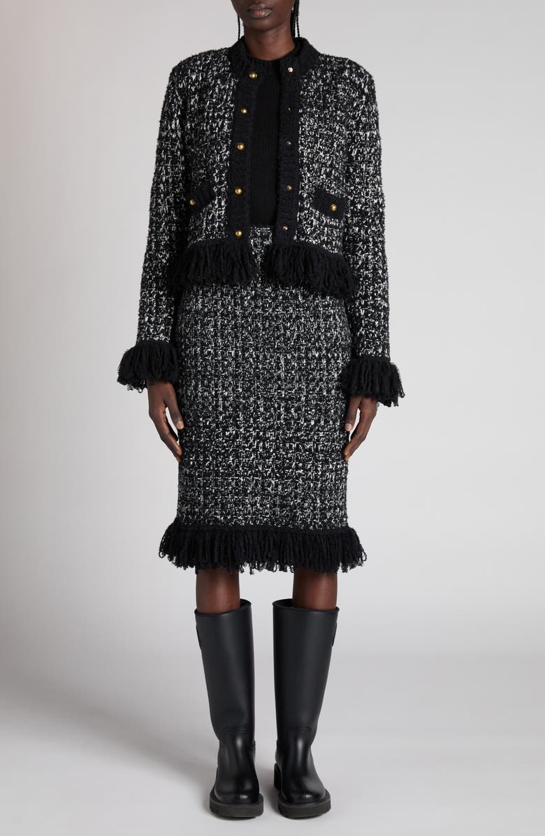 Moncler Fringed Mixed Media Jacket, Alternate, color, Black/ White