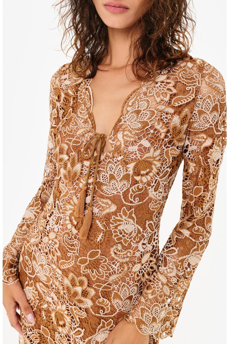 Madeira Long Sleeve Lace Overlay Minidress, Alternate, color, BROWN