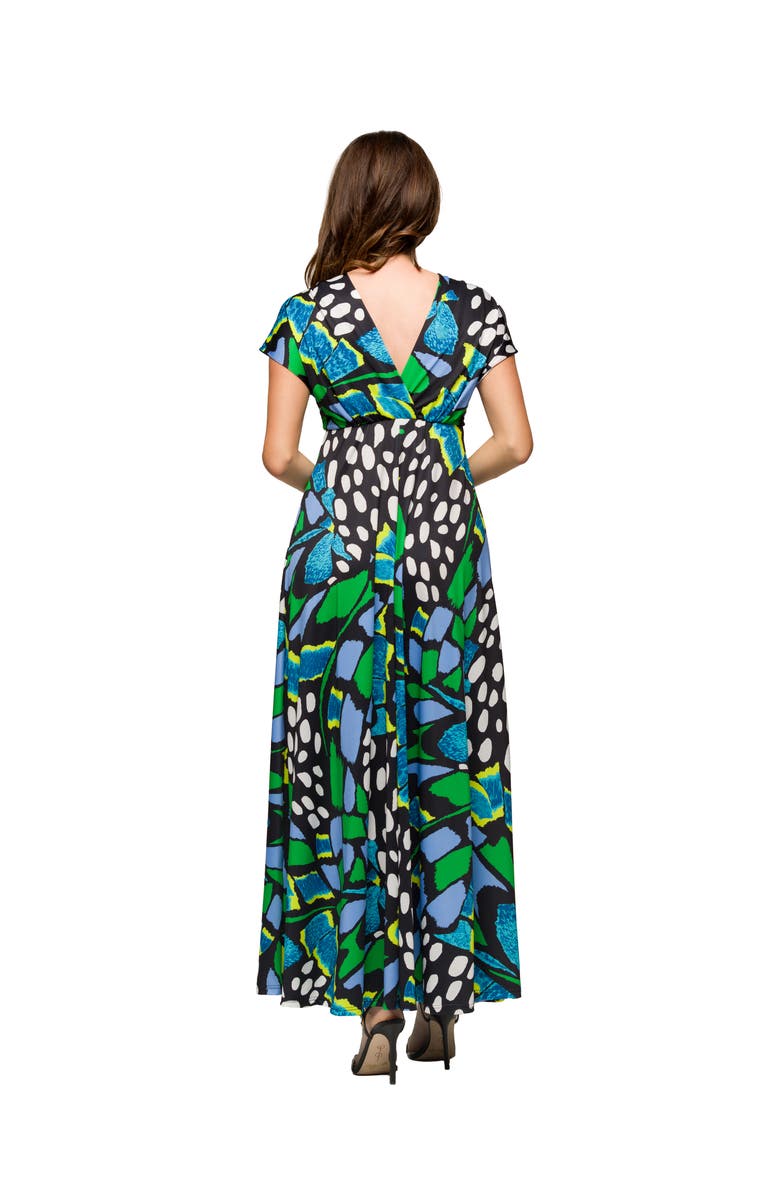 24seven Comfort Apparel Maternity Blue Butterfly Print V-Neck Empire Waist Cap Sleeve Maxi Dress, Alternate, color, Blue Multi