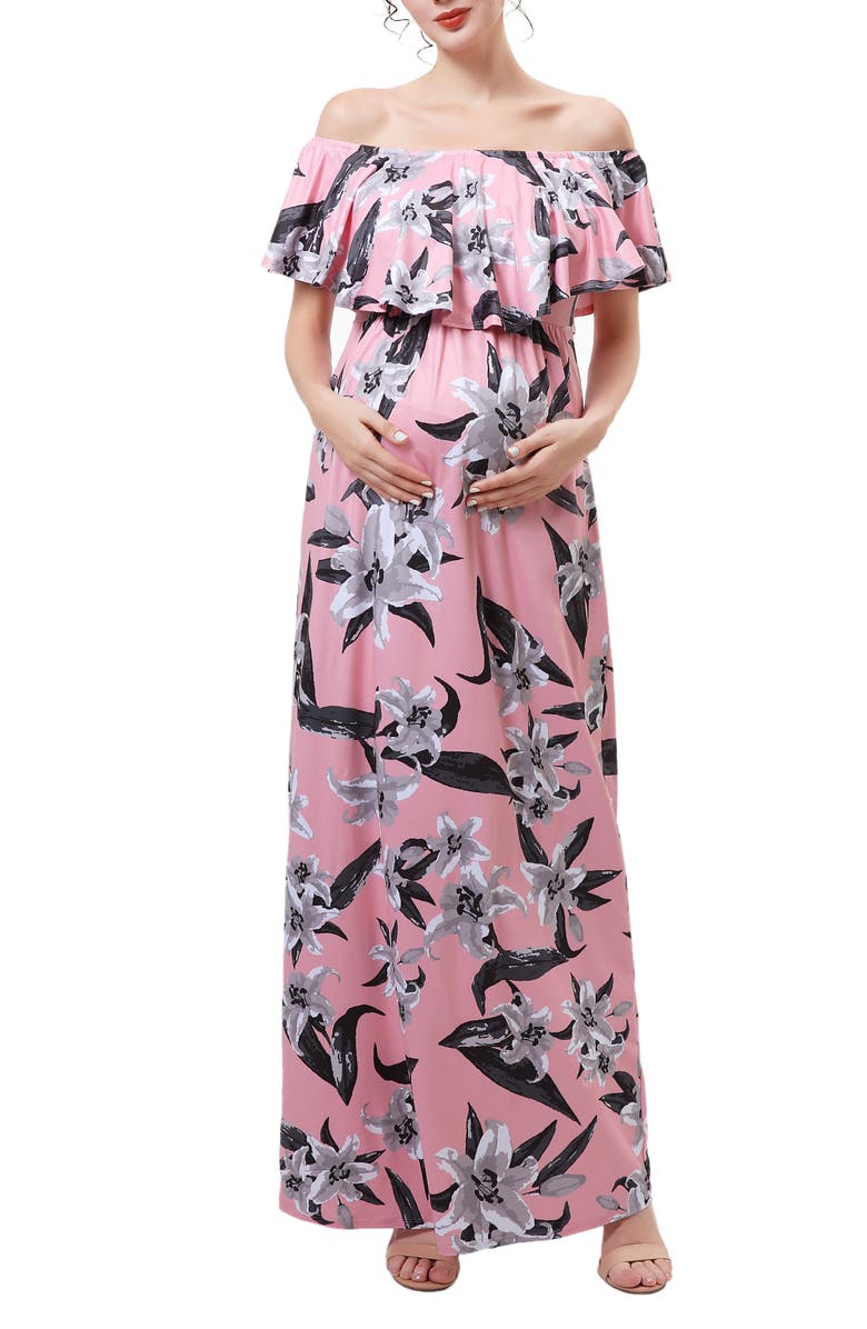 Kimi and Kai Clara Off the Shoulder Maternity/Nursing Maxi Dress, Main, color, Pink