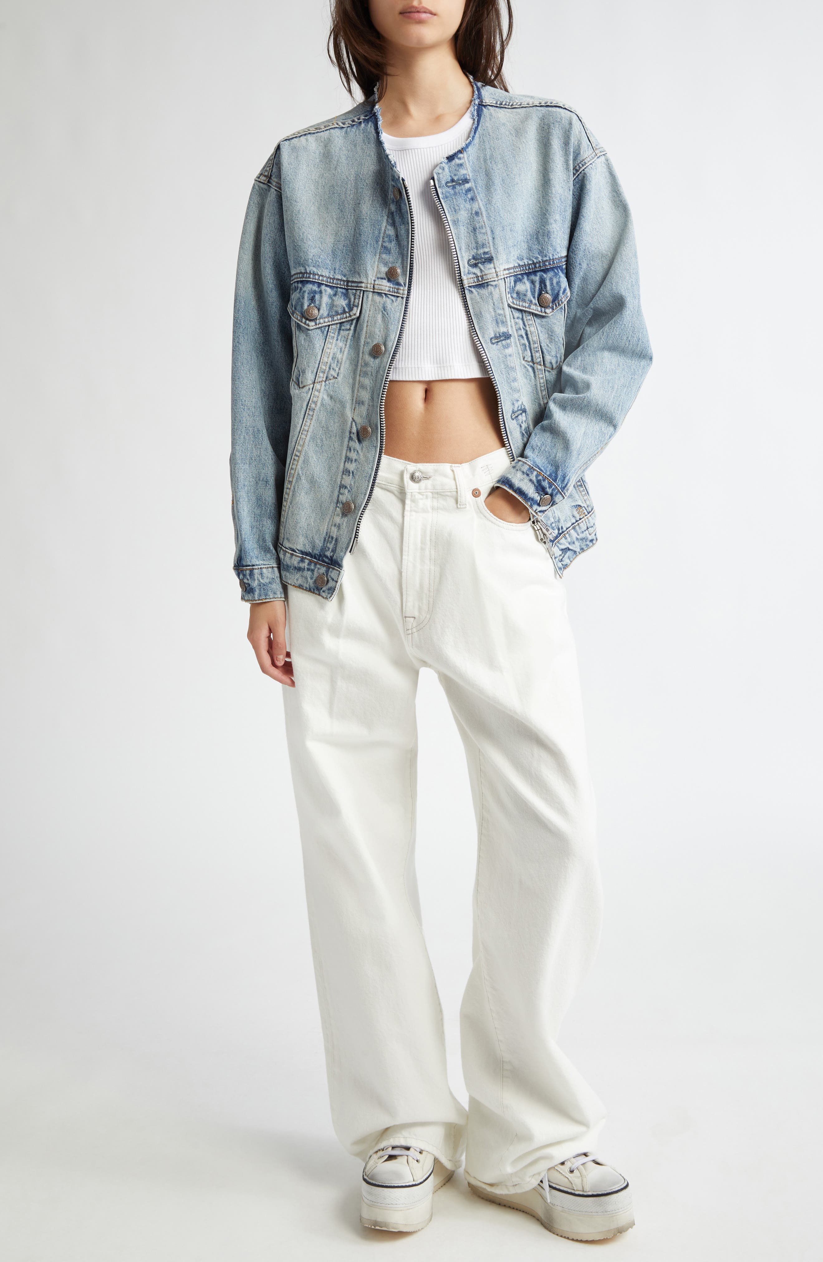 Collarless Zip Front Denim Trucker Jacket - image 2