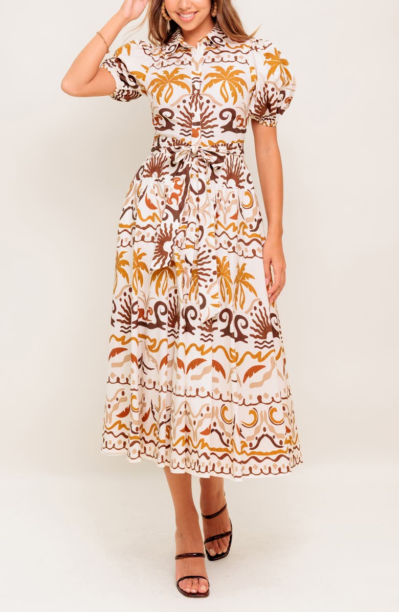 FLYING TOMATO Tropical Print Midi Dress, Alternate, color, Ivory Brown