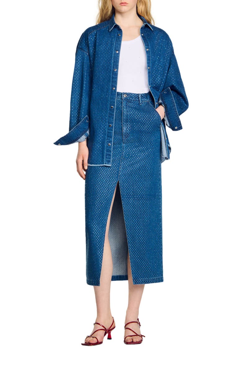 SANDRO Rhinestone denim maxi skirt, Alternate, color, 