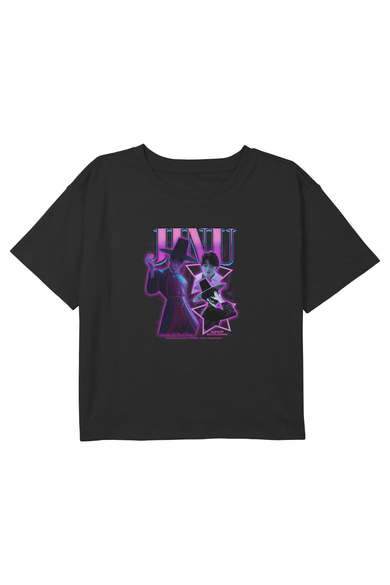 Girls' Idol Jinu Collage Cropped Short Sleeve Boxy Cropped T-Shirt, Main, color, Black