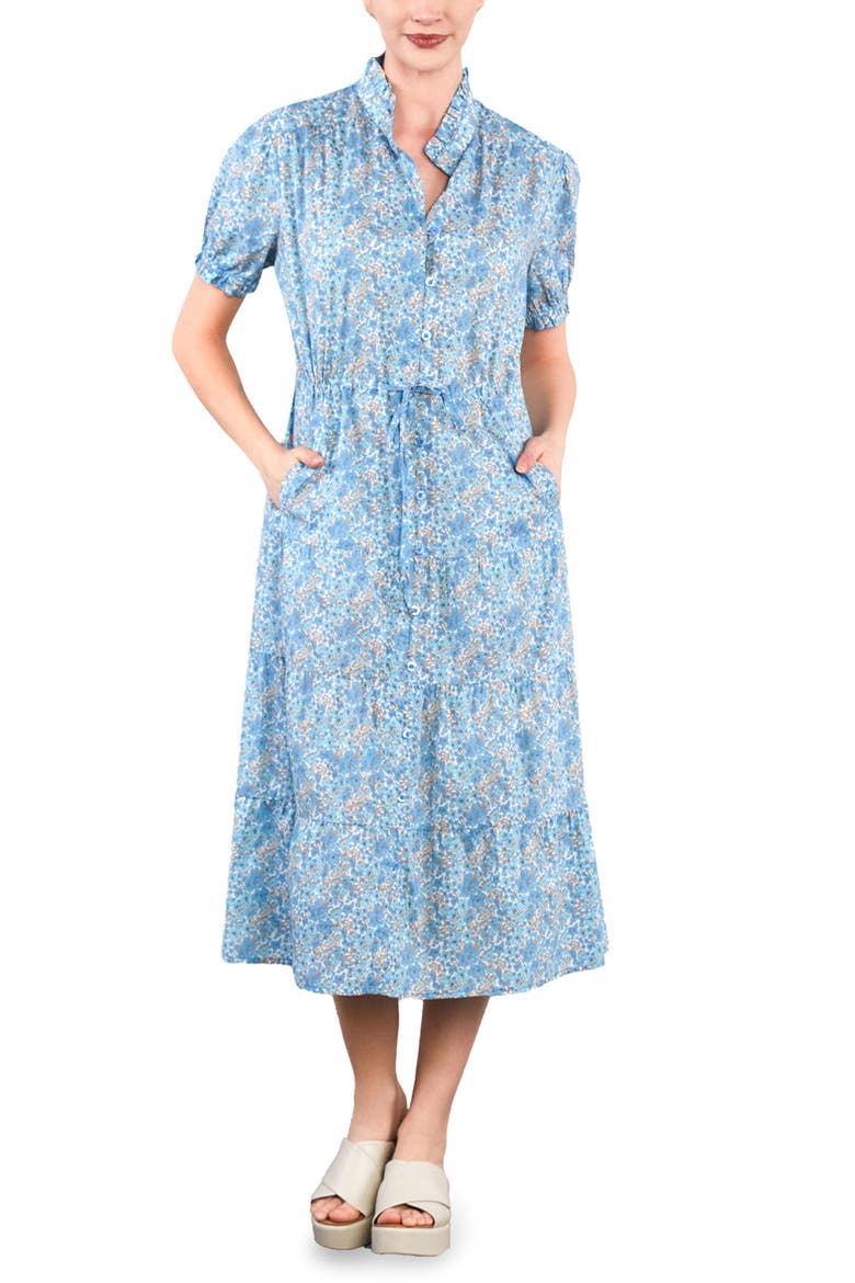 Tie Waist Tiered Chambray Midi Dress, Main, color, COOL BLOOM