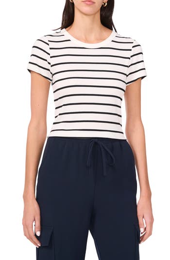 Halogen ® Rib Knit Jersey T-shirt In New Ivory Stripe