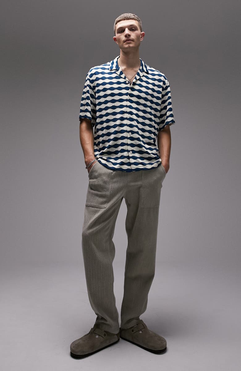 Topman Wavy Stripe Crochet Button-Up Camp Shirt, Alternate, color, 