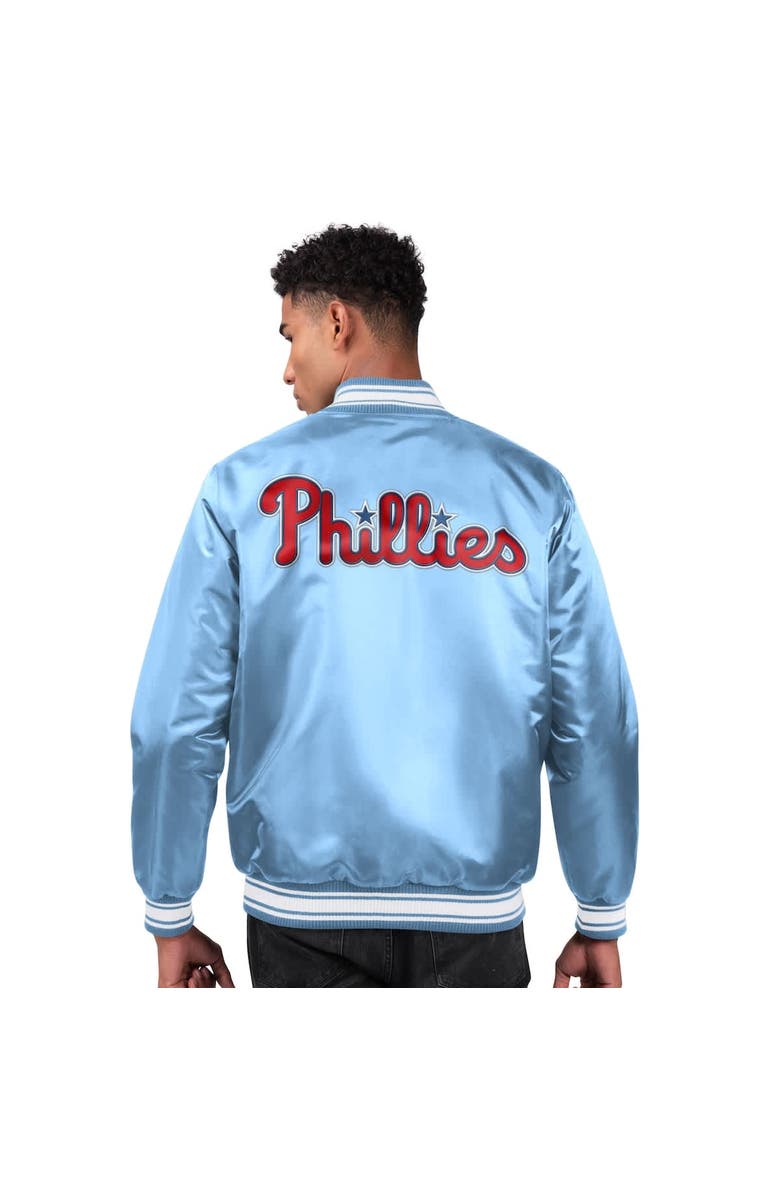 STARTER Men's Starter Light Blue Philadelphia Phillies Locker Room Satin Full-Snap Varsity Jacket, Alternate, color, Light Blue