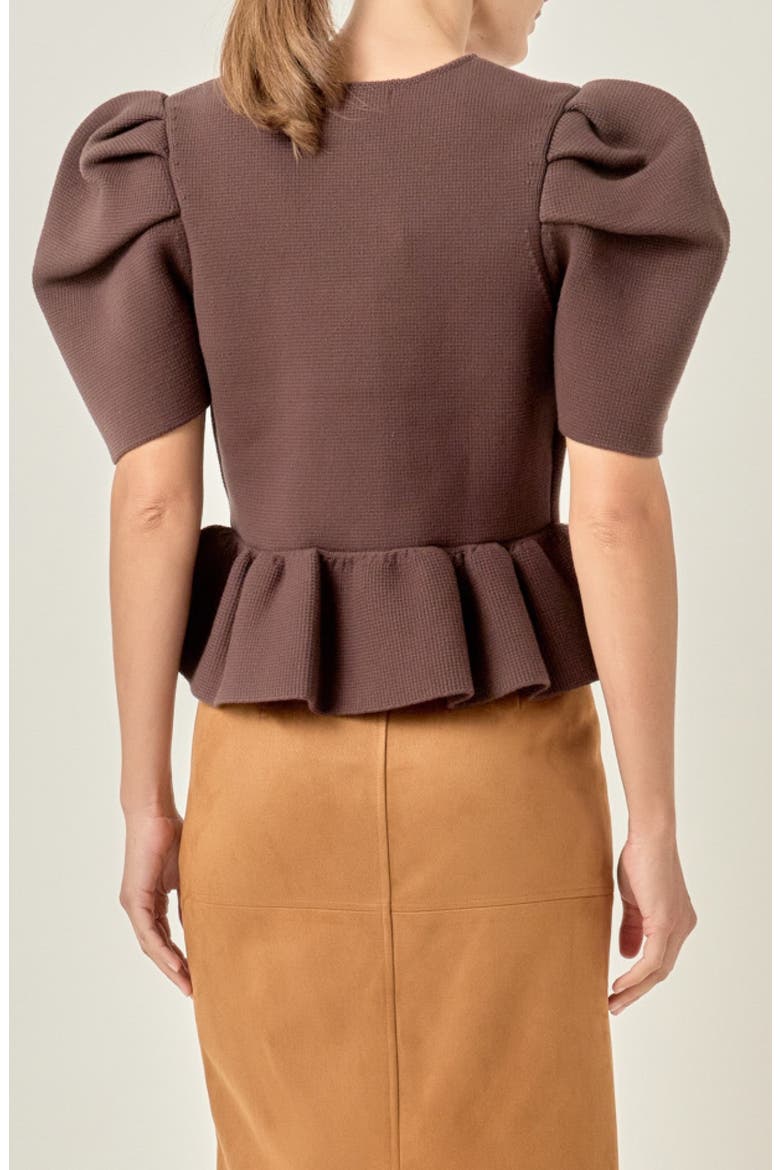 Puff Sleeve Peplum Top, Alternate, color, CHOCOLATE BROWN