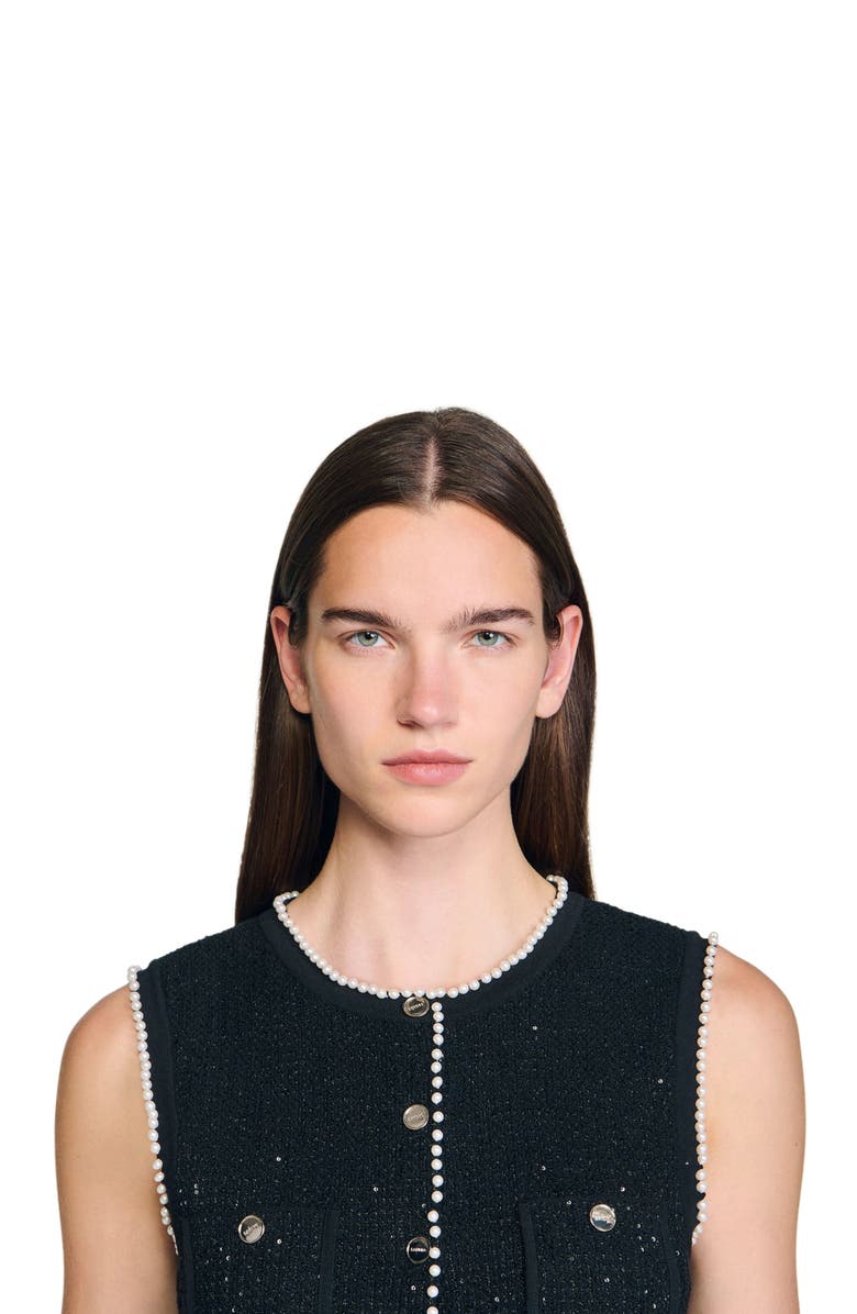 SANDRO Decorative tweed waistcoat, Alternate, color, Black