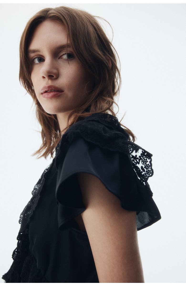 H&M Flounce-trimmed Satin Blouse, Alternate, color, Black