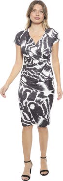24seven Comfort Apparel Womens Abstract V-Neck Short Sleeve Knee Length Faux Wrap Dress
