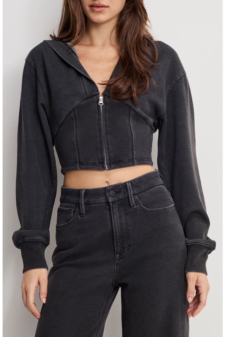 Jeanius Corset Crop French Terry Zip Hoodie, Main, color, BLACK430