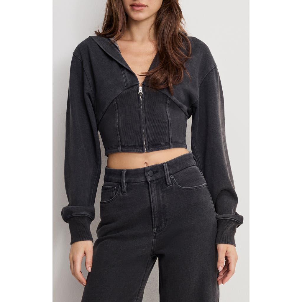 Good American Jeanius Crop Zip Cotton Hoodie In Black