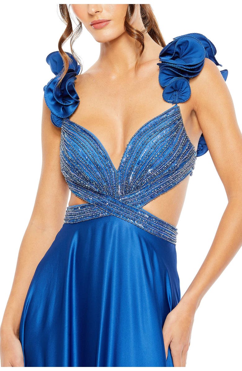 Mac Duggal Sequined Mesh Overlay Satin Dress with Ruffled Cap Sleeves and Beaded Bodice, Alternate, color, Royal