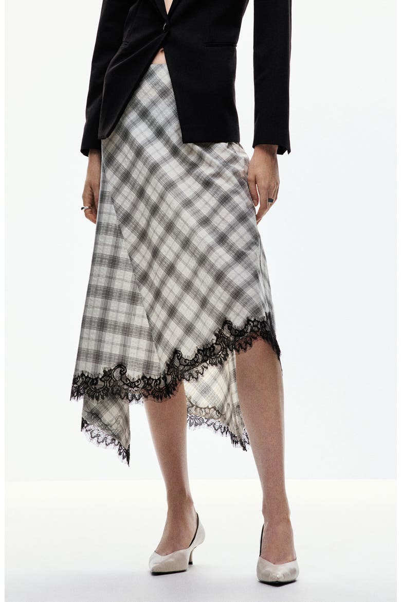 Lace Trim Plaid Midi Skirt, Main, color, WHITE