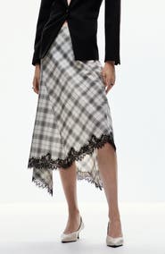 MANGO Lace Trim Plaid Midi Skirt