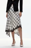 MANGO Lace Trim Plaid Midi Skirt