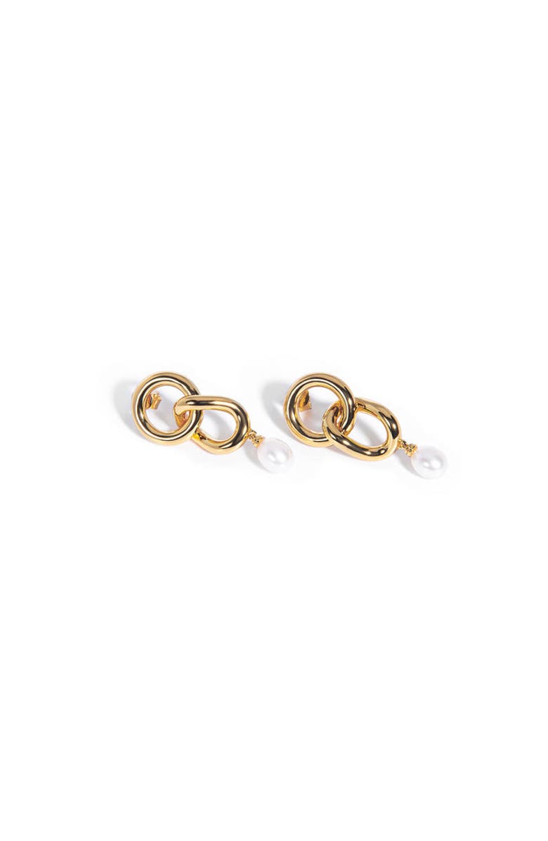 ZARUX Two Hoops with Pearl Earrings, Main, color, Yellow Gold