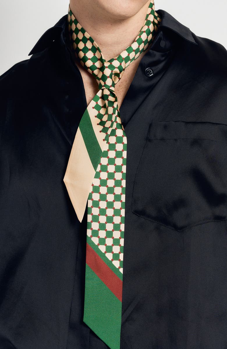 Lost Pattern Checkerboard Skinny Silk Scarf, Main, color, Green