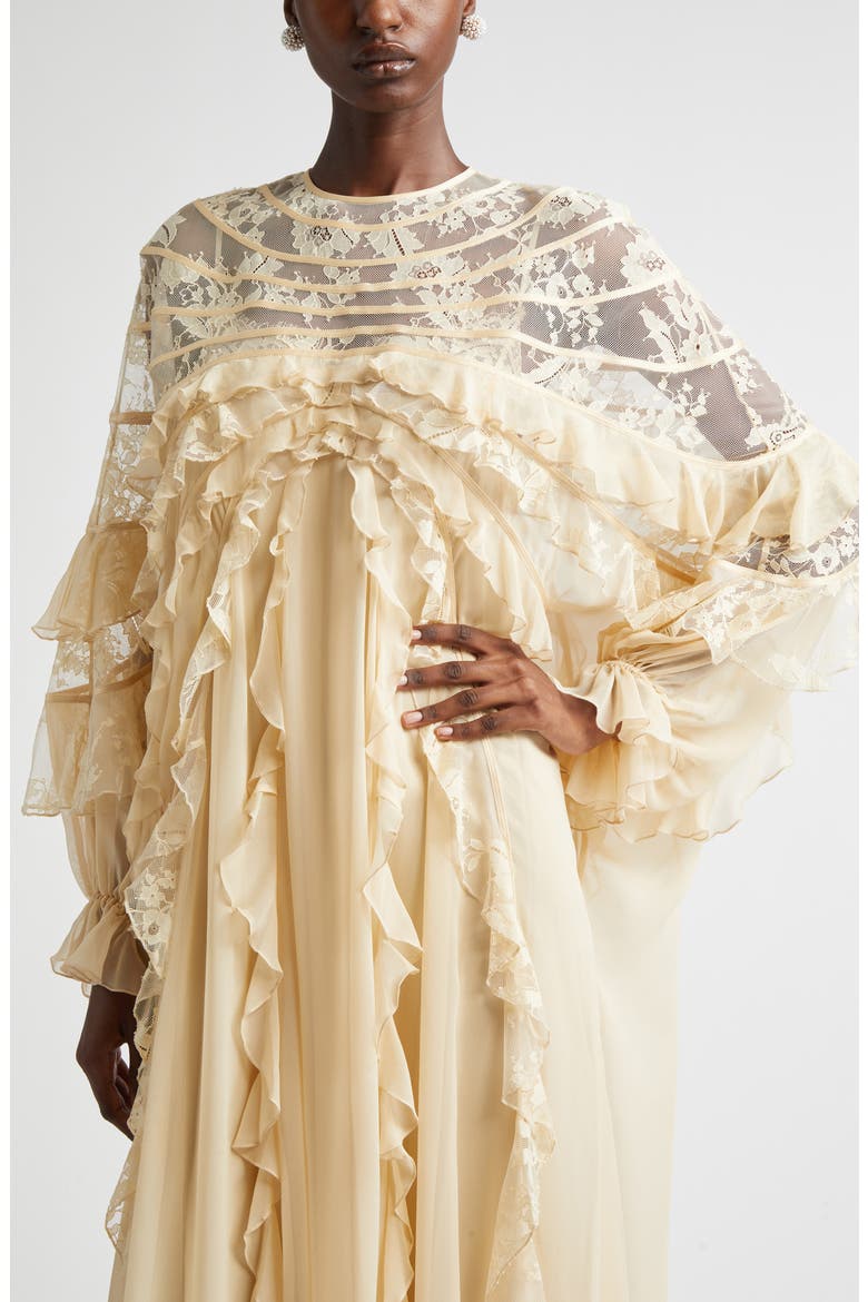 Rebellion Splice Long Sleeve Lace Ruffle Silk Maxi Dress, Alternate, color, CREAM