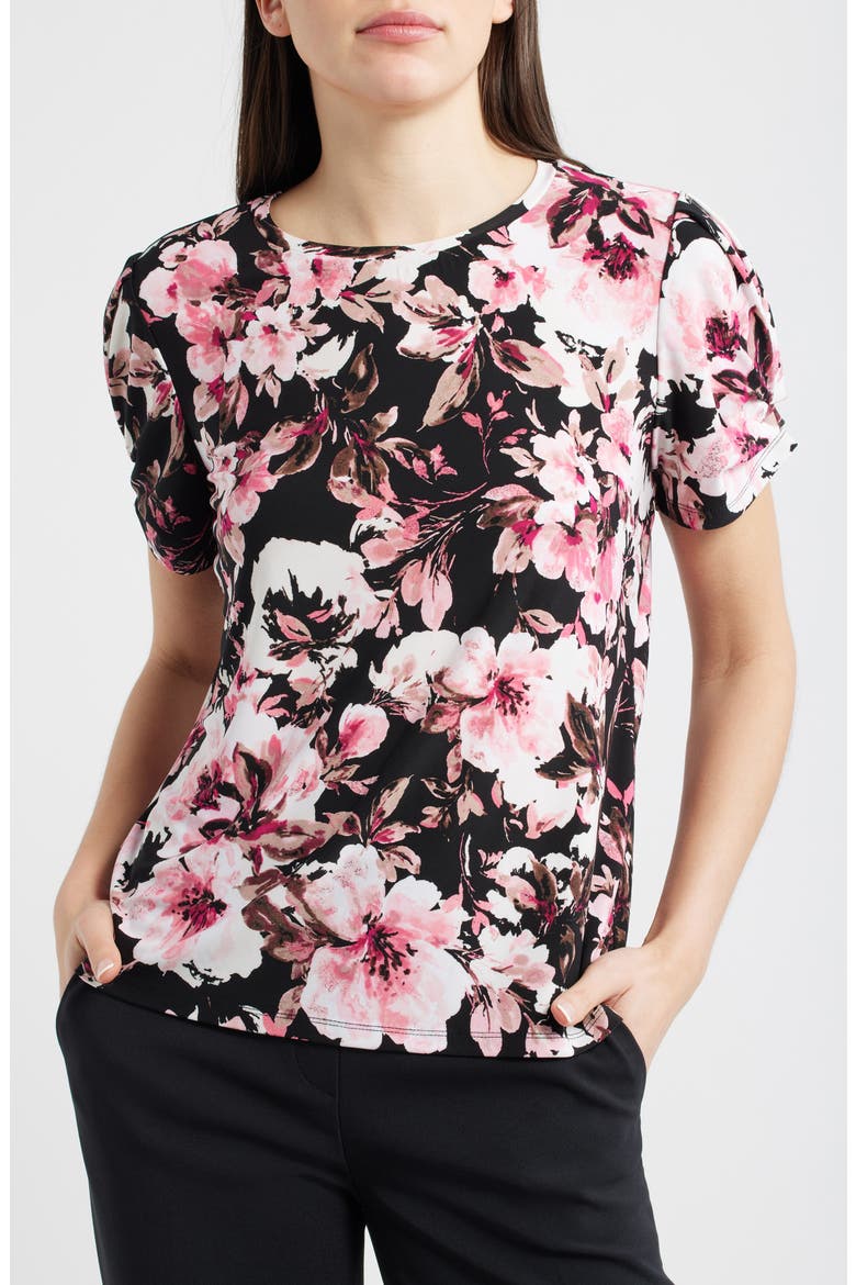 Floral Print Pleated Sleeve Top, Main, color, ANNE BLACK MULTI