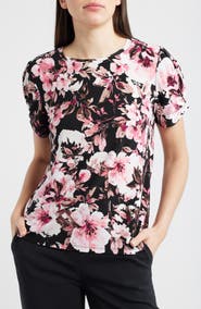 AK ANNE KLEIN Floral Print Pleated Sleeve Top