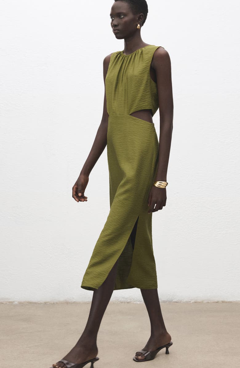 MANGO Crinkled Cutout Midi Dress, Alternate, color, Pastel Green