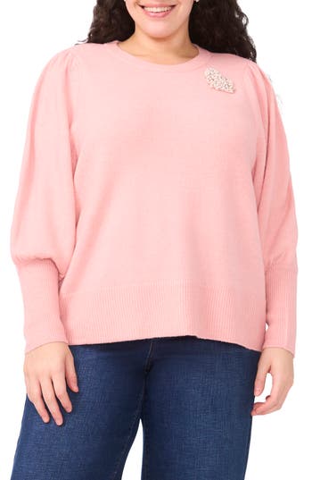Cece Faux Pearl Heart Applique Sweater In Purple