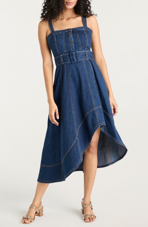 Larsa Belted Sleeveless Asymmetric Denim Midi Dress (Marine)