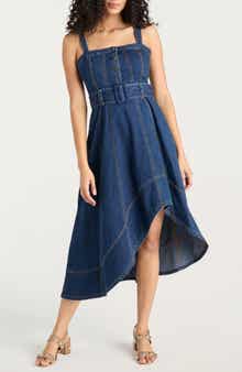 Cinq à Sept Larsa Belted Sleeveless Asymmetric Denim Midi Dress