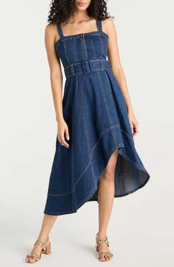 Cinq à Sept Larsa Belted Sleeveless Asymmetric Denim Midi Dress