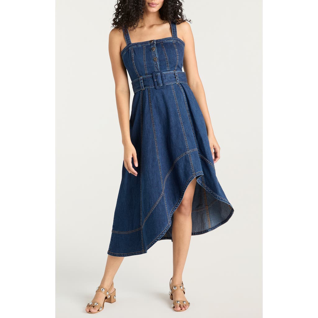 Cinq À Sept Larsa Belted Sleeveless Asymmetric Denim Midi Dress In Blue