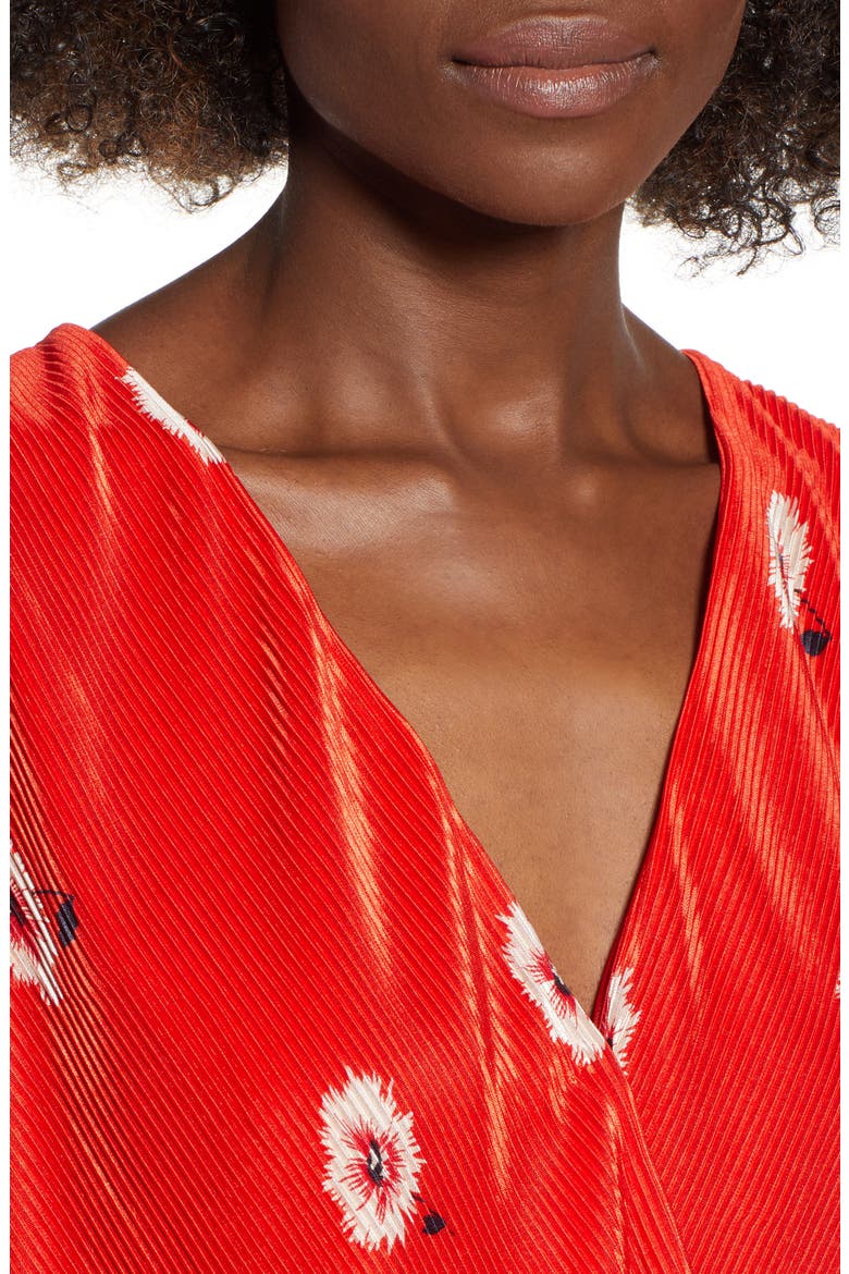 Pleated Long Sleeve Surplice Top, Alternate, color, RED FLORAL