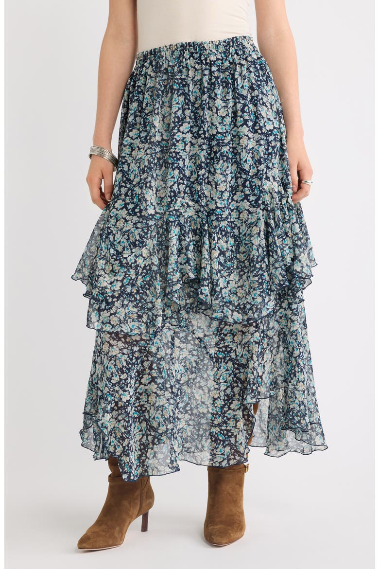 Tiered Chiffon Maxi Skirt, Main, color, NAVY WARPED FLORAL