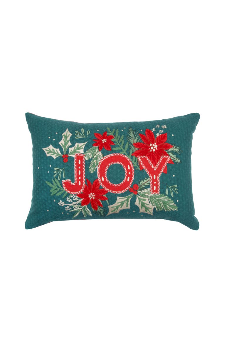 Joy Holly Berry Botanical Woven Christmas Lumbar Throw Pillow 14" x 22", Main, color, Green