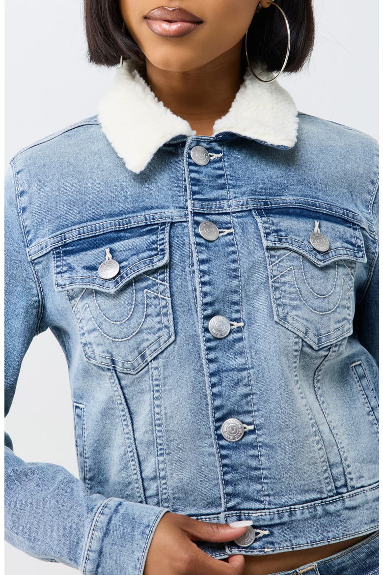 Jesse Cropped Faux Shearling Collar Denim Jacket, Alternate, color, LIGHT BUCKING WASH
