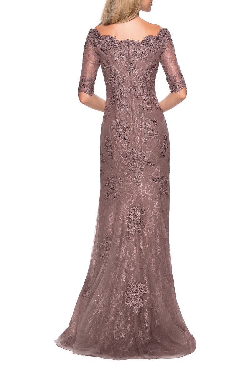Beaded V-Neck Lace Gown, Alternate, color, COCOA