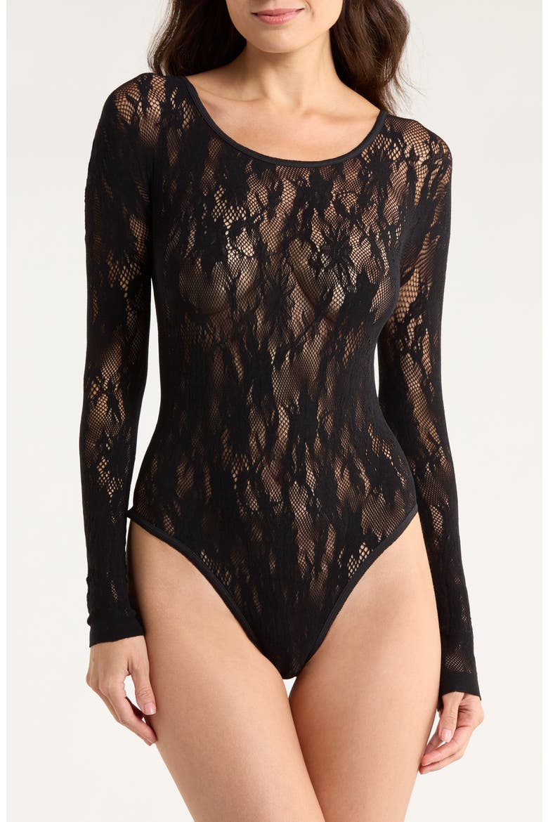 Floral Long Sleeve Seamless Bodysuit, Main, color, BLACK