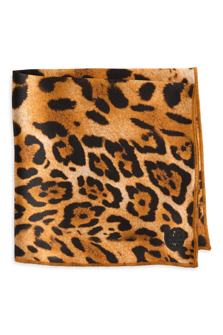 Leopard Print Silk Pocket Square, Main, color, BROWN