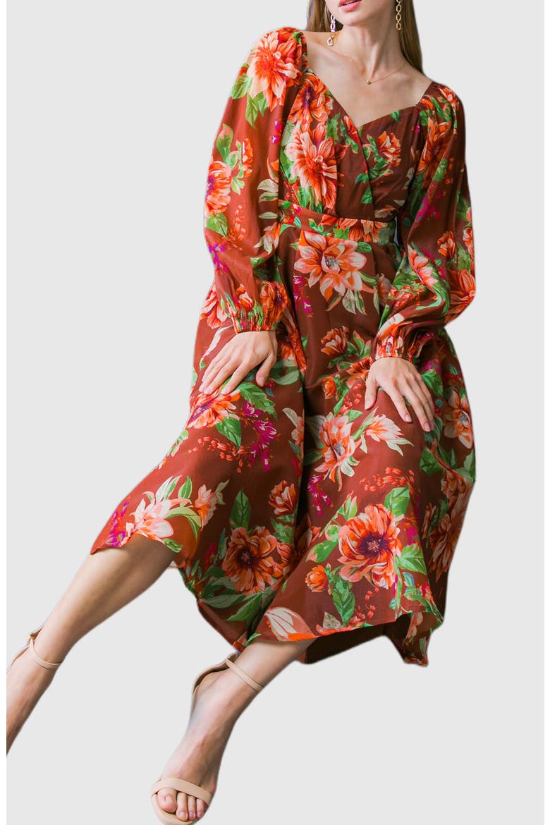 Floral Long Sleeve Midi Dress, Alternate, color, BROWN