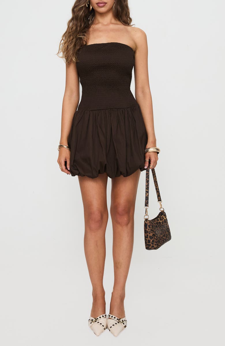 Princess Polly Bonjour Smocked Strapless Bubble Hem Minidress, Main, color, Brown / Beige