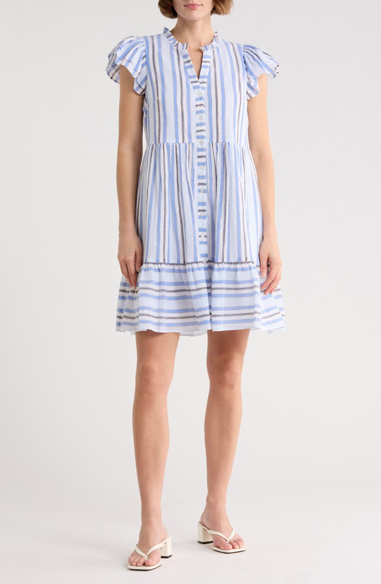 Eliza J Stripe Cap Sleeve Button Front Dress, Main, color, Ivory Blue