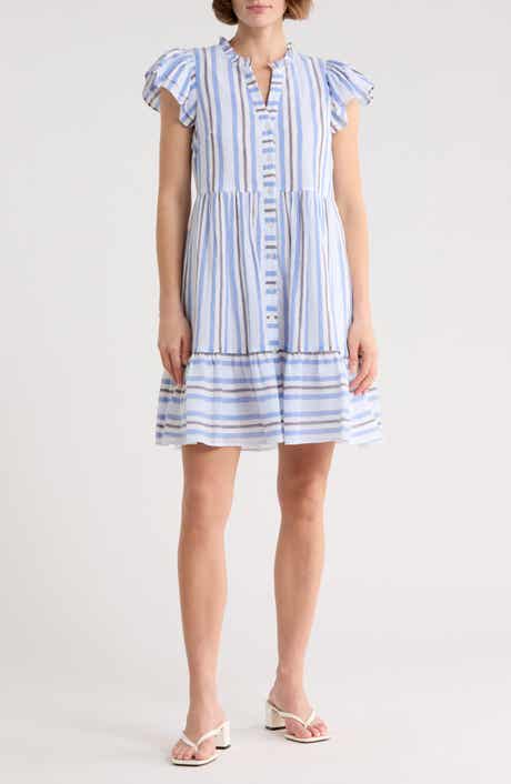 Eliza J Stripe Cap Sleeve Button Front Dress