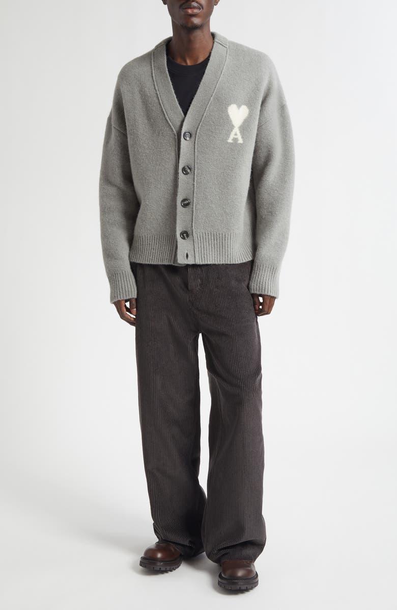 AMI PARIS Ami de Coeur Alpaca Blend V-Neck Cardigan, Alternate, color, 058 Grey/Off White